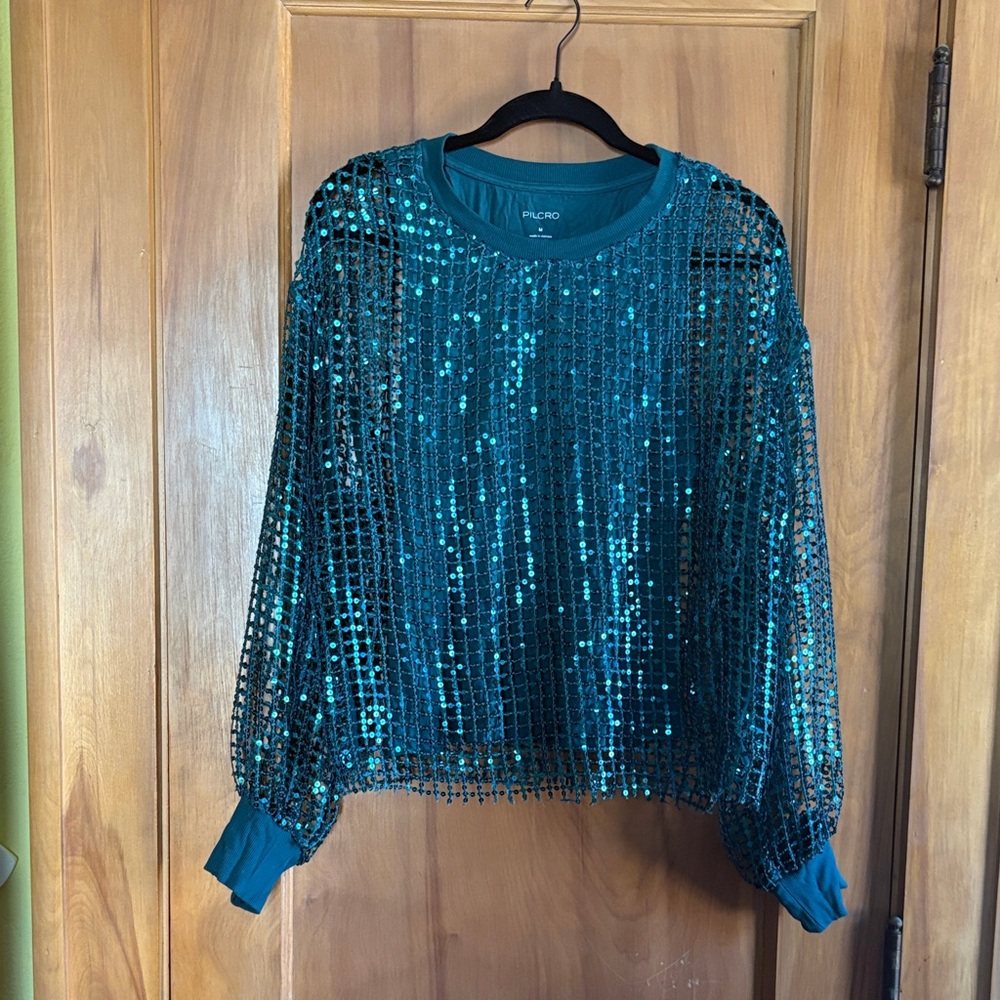 Pilcro Teal Sequin Long-Sleeve Top